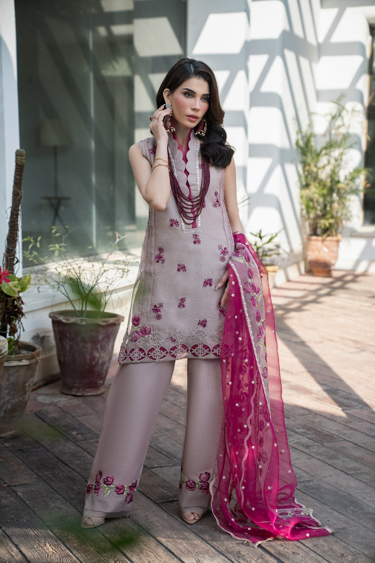 Pakistani Beige Magenta Embroidered Khadi Net Salwar Kameez (3-Piece) - Image 8