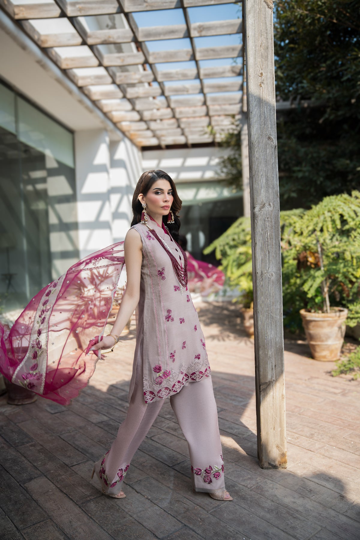 Pakistani Beige Magenta Embroidered Khadi Net Salwar Kameez (3-Piece) - Image 9