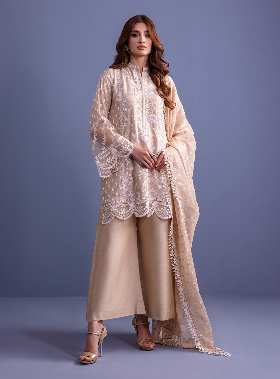 Pakistani Beige Embroidered Khadi Net Salwar Kameez (3-Piece) - Image 1