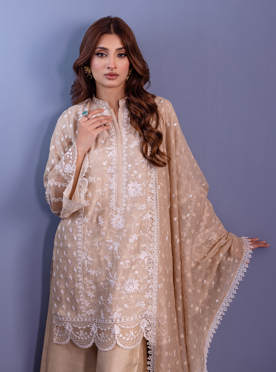 Pakistani Beige Embroidered Khadi Net Salwar Kameez (3-Piece) - Image 2
