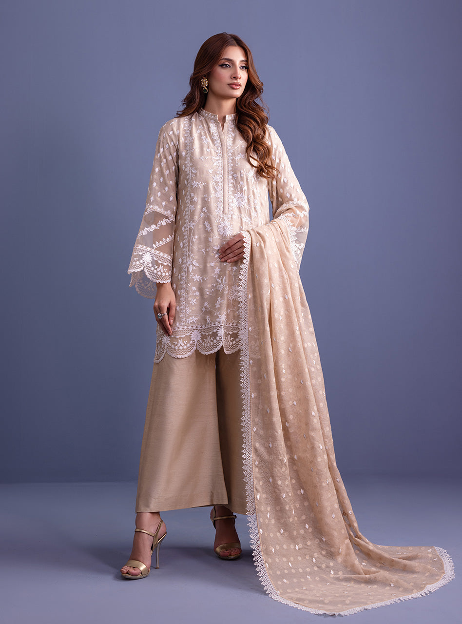 Pakistani Beige Embroidered Khadi Net Salwar Kameez (3-Piece) - Image 3