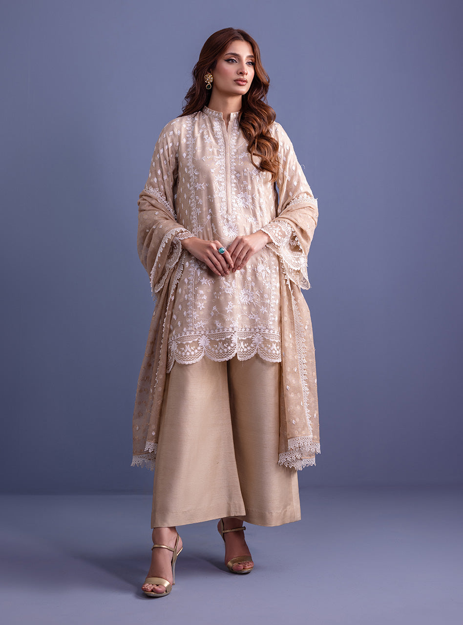 Pakistani Beige Embroidered Khadi Net Salwar Kameez (3-Piece) - Image 4