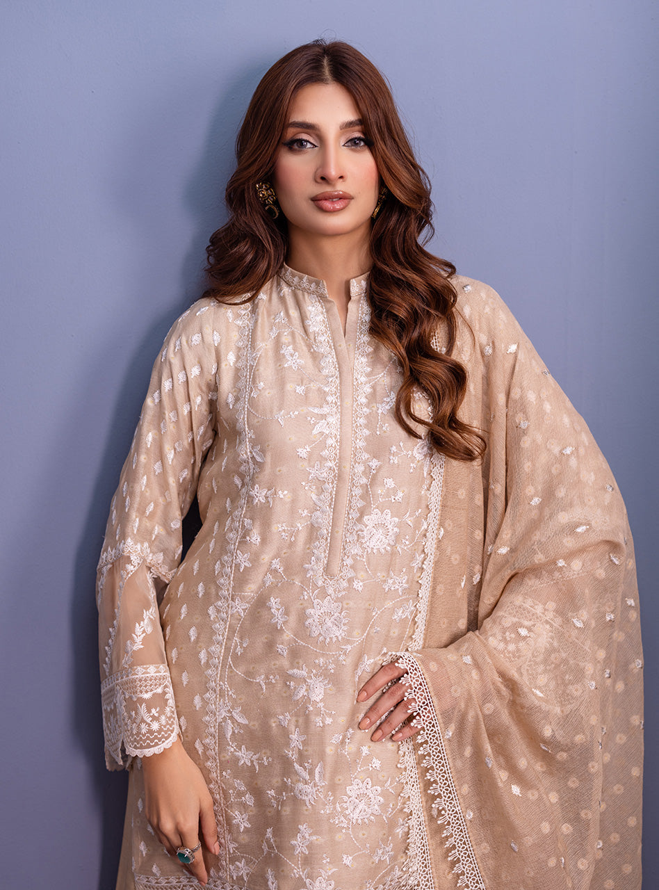 Pakistani Beige Embroidered Khadi Net Salwar Kameez (3-Piece) - Image 5