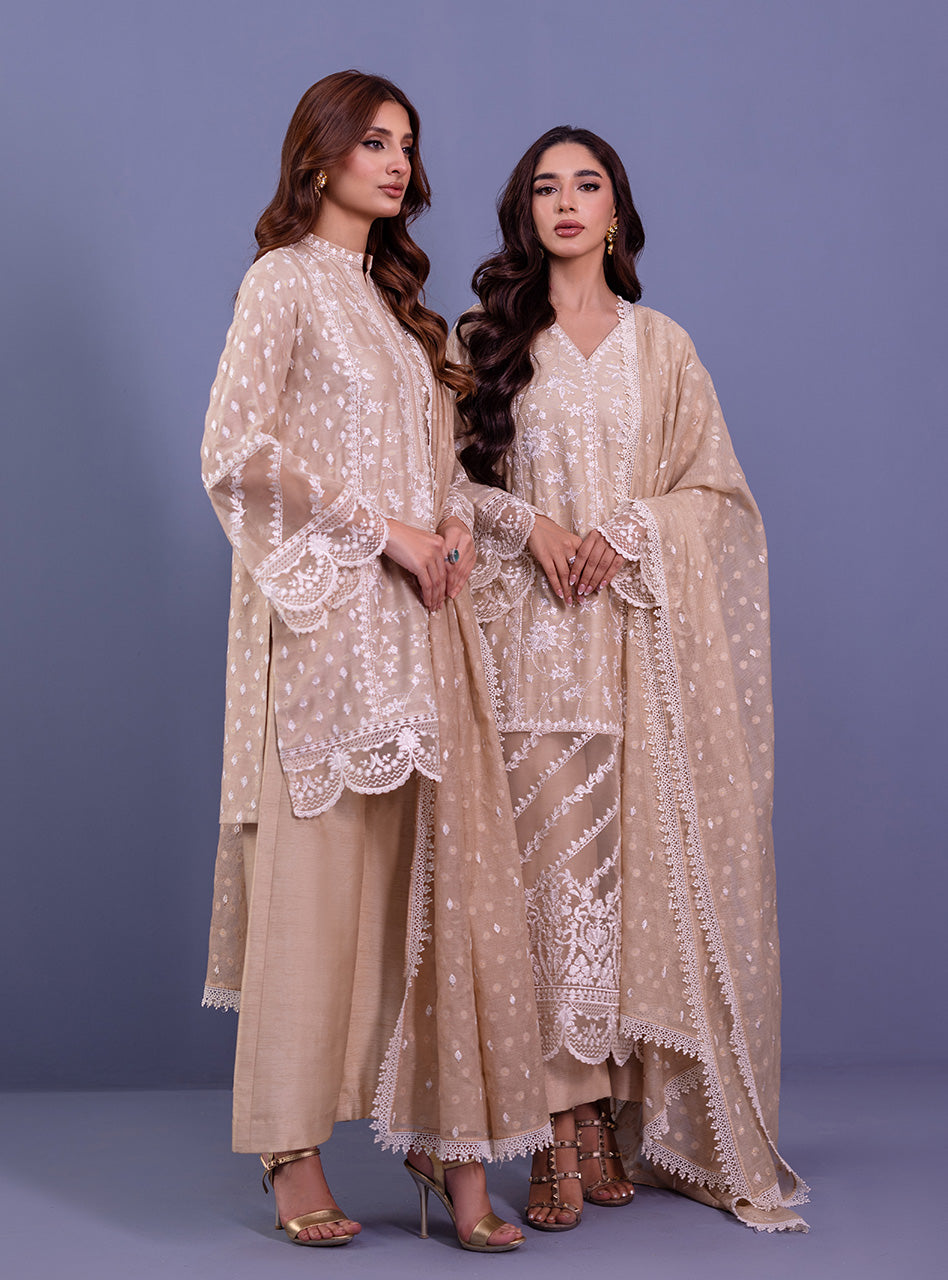 Pakistani Beige Embroidered Khadi Net Salwar Kameez (3-Piece) - Image 7
