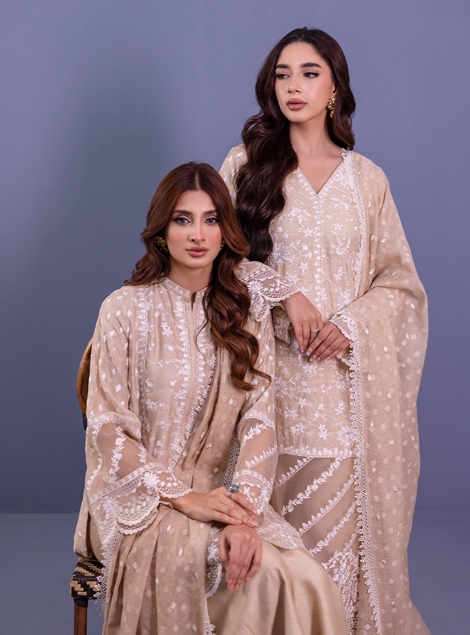 Pakistani Beige Embroidered Khadi Net Salwar Kameez (3-Piece) - Image 8