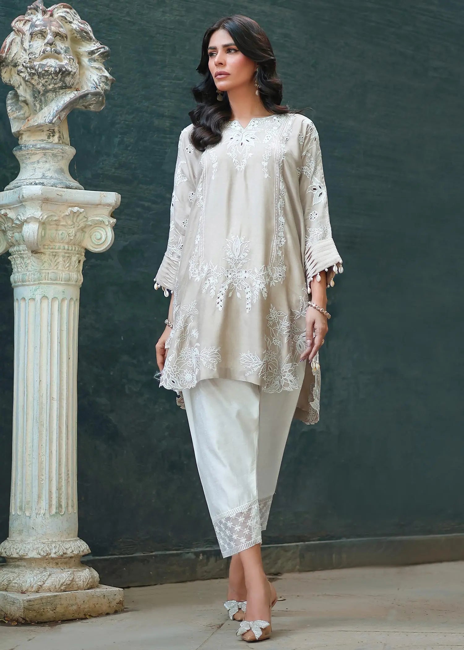 Beige Embroidered Khadi Silk Salwar Kameez (2-Piece) - Image 1