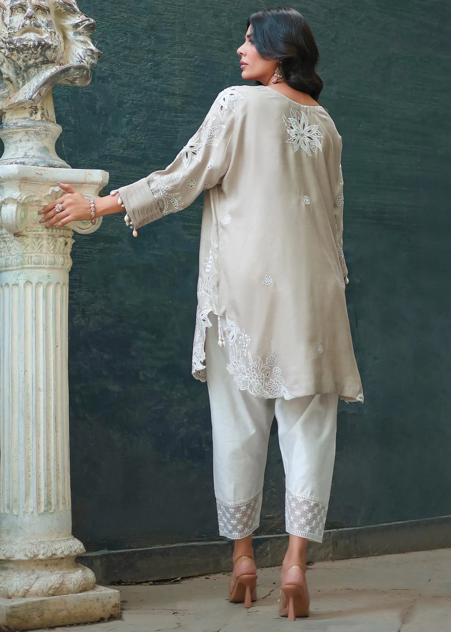 Beige Embroidered Khadi Silk Salwar Kameez (2-Piece) - Image 3