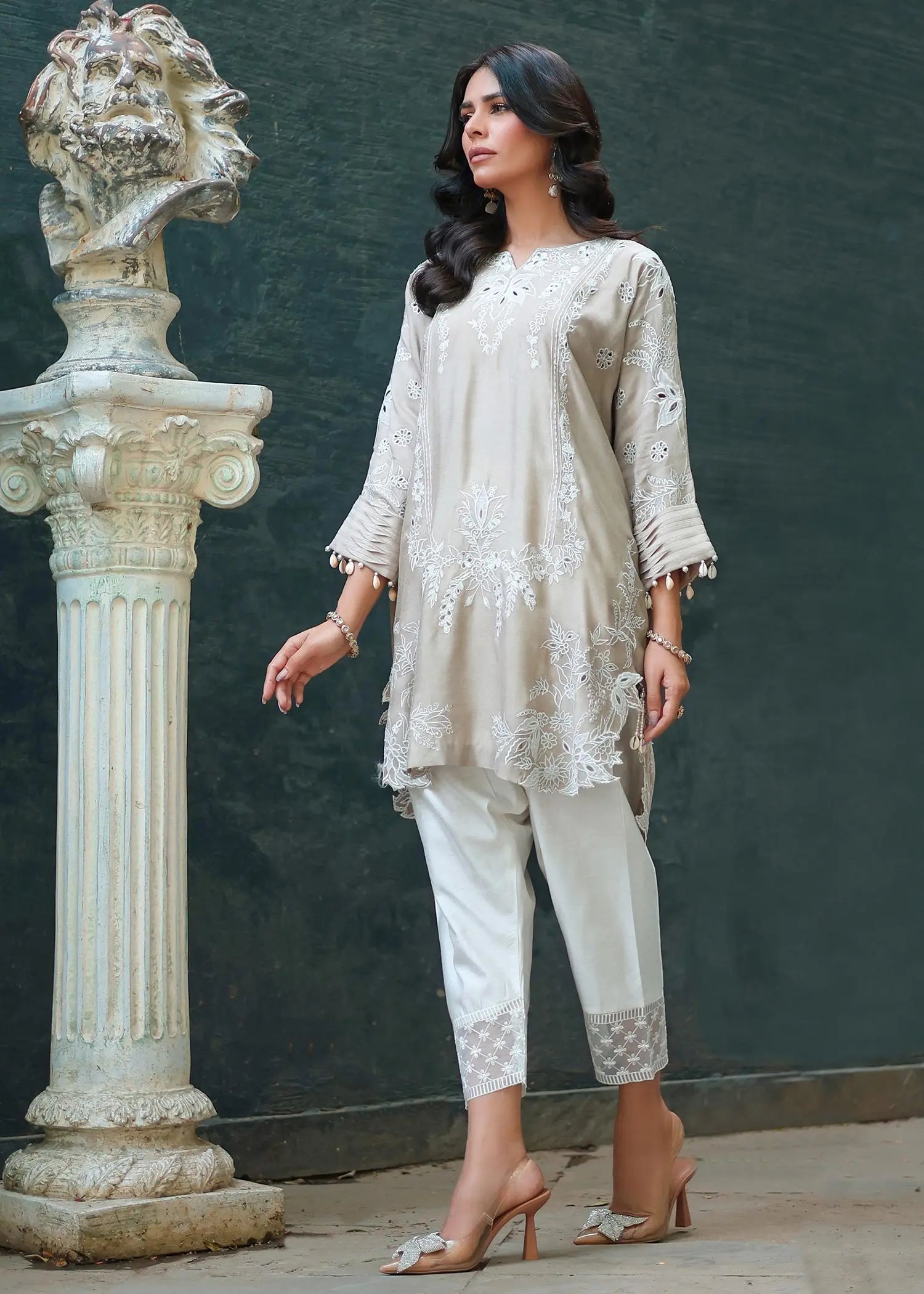 Beige Embroidered Khadi Silk Salwar Kameez (2-Piece) - Image 6