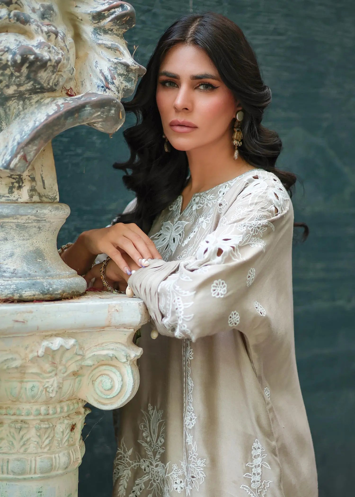 Beige Embroidered Khadi Silk Salwar Kameez (2-Piece) - Image 7