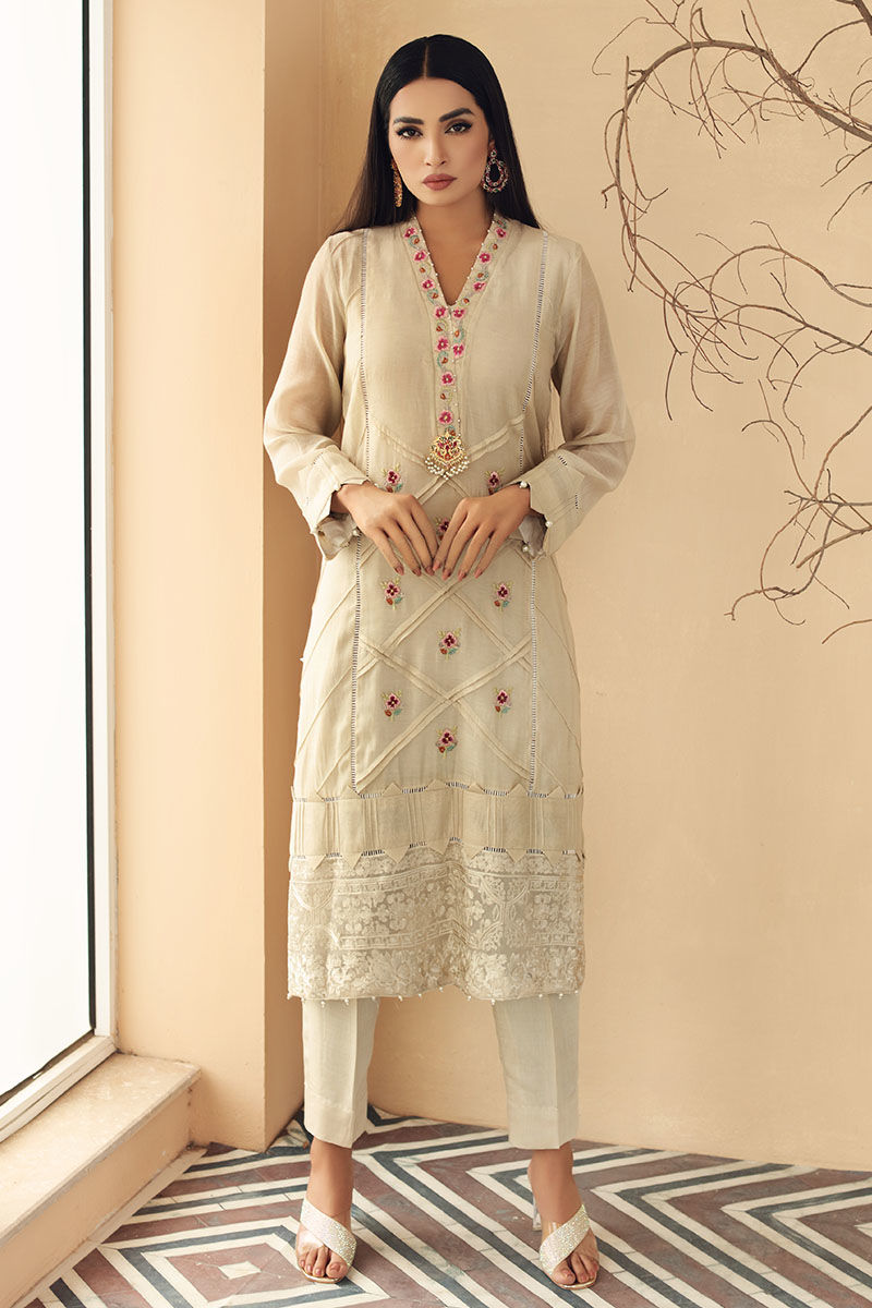 Pakistani Beige Embroidered Lawn Kurta Set (2-Piece) - Image 1