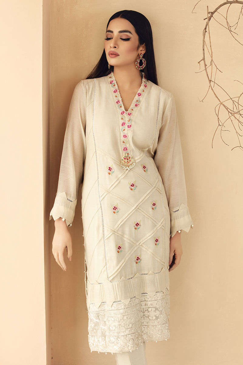 Pakistani Beige Embroidered Lawn Kurta Set (2-Piece) - Image 3