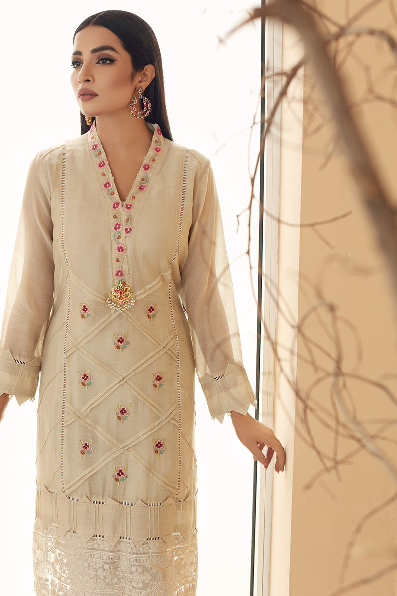 Pakistani Beige Embroidered Lawn Kurta Set (2-Piece) - Image 5