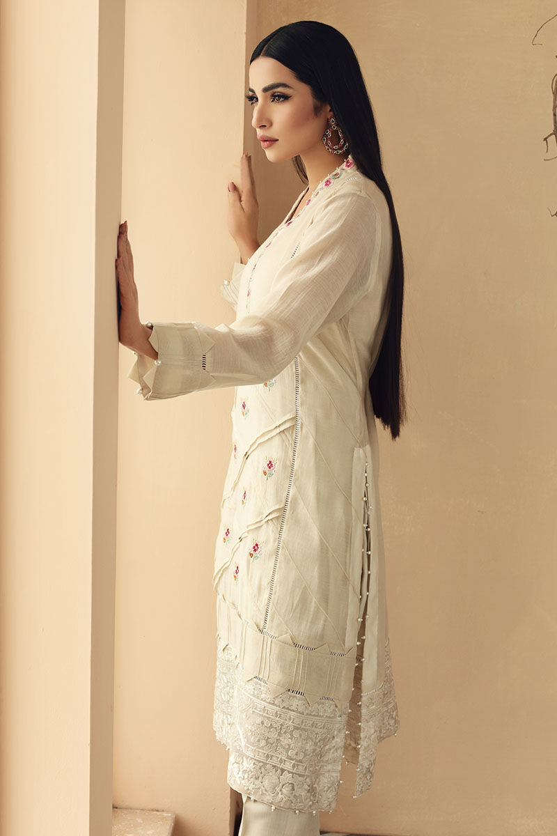 Pakistani Beige Embroidered Lawn Kurta Set (2-Piece) - Image 6