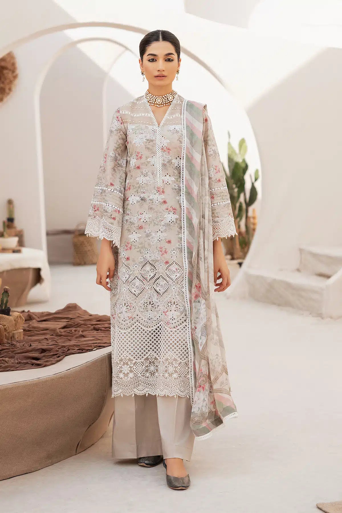 Pakistani Beige Schiffli Embroidered Lawn 3-Piece Suit - Image 1