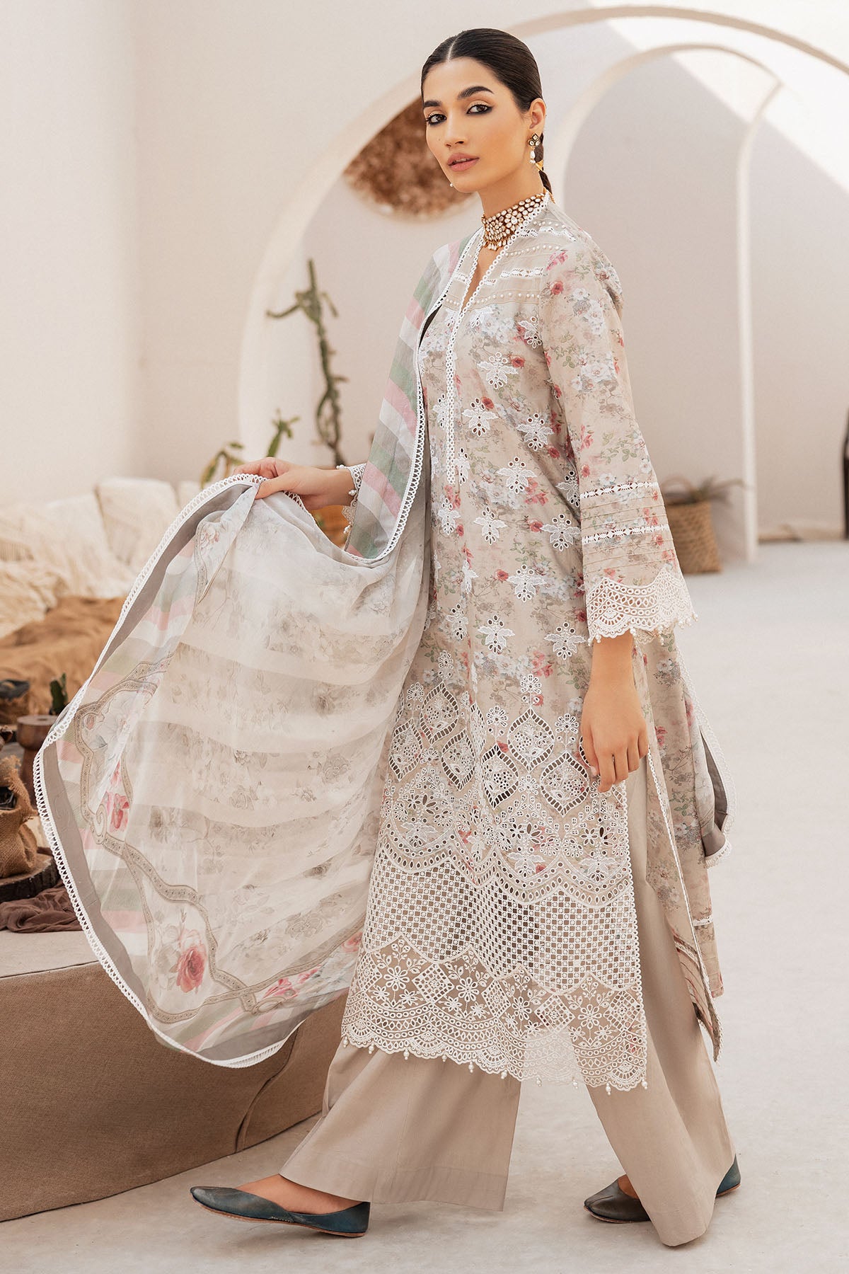Pakistani Beige Schiffli Embroidered Lawn 3-Piece Suit - Image 2