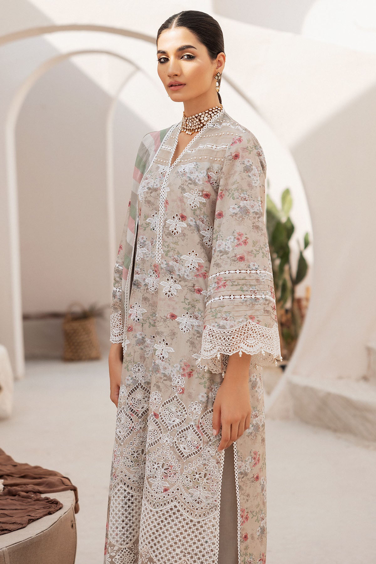 Pakistani Beige Schiffli Embroidered Lawn 3-Piece Suit - Image 3