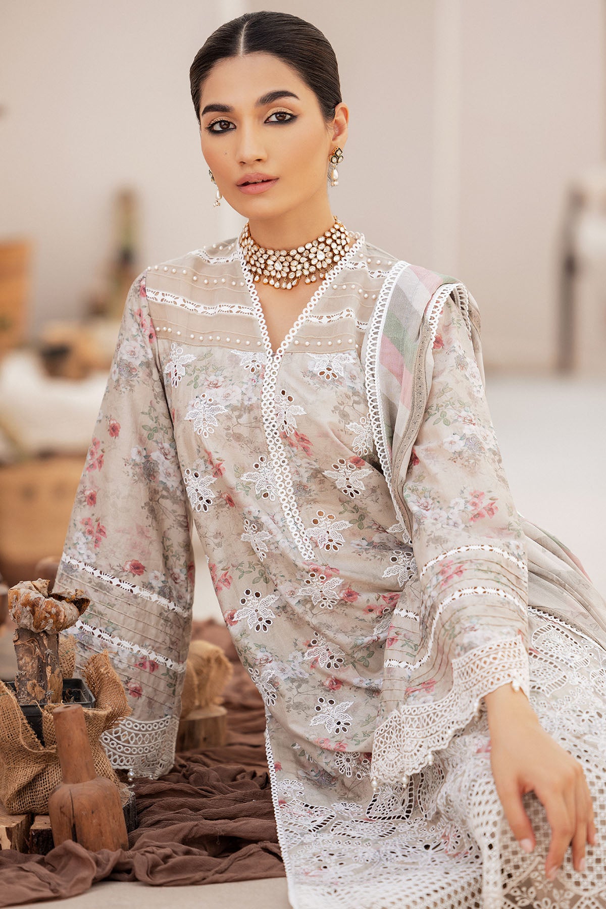 Pakistani Beige Schiffli Embroidered Lawn 3-Piece Suit - Image 5