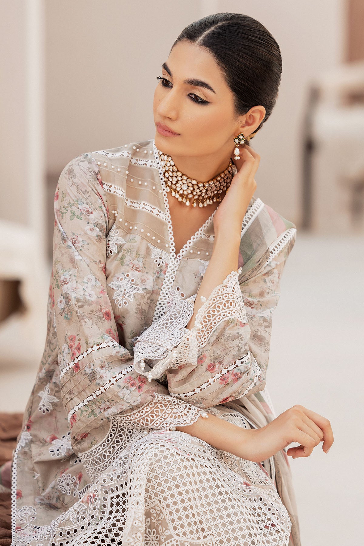 Pakistani Beige Schiffli Embroidered Lawn 3-Piece Suit - Image 6
