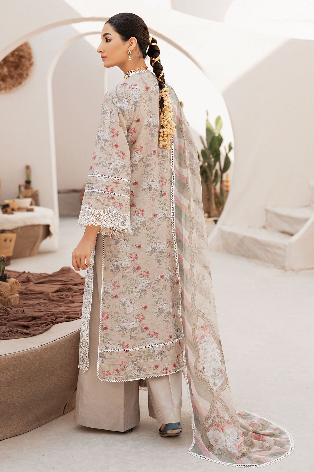 Pakistani Beige Schiffli Embroidered Lawn 3-Piece Suit - Image 7