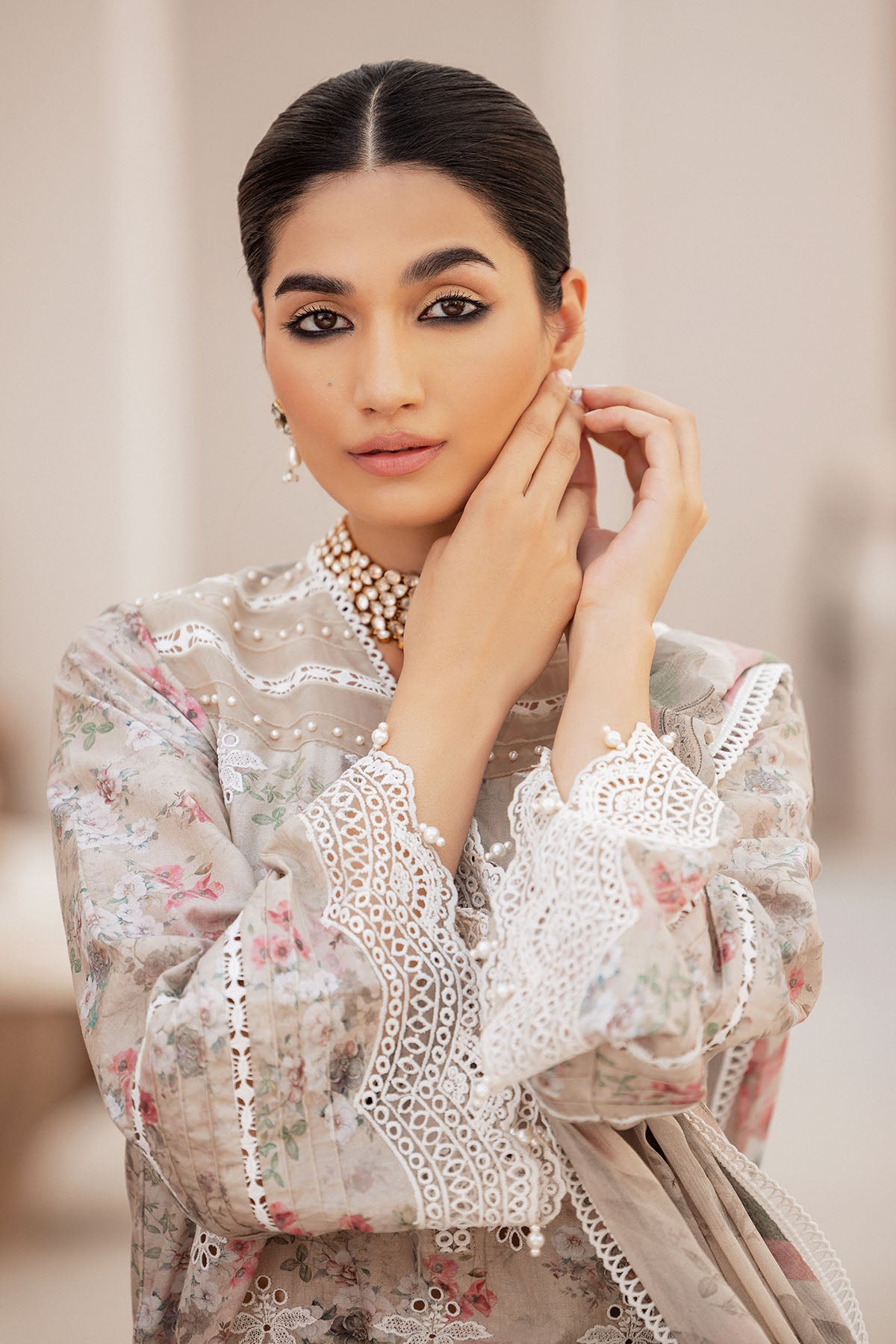 Pakistani Beige Schiffli Embroidered Lawn 3-Piece Suit - Image 8