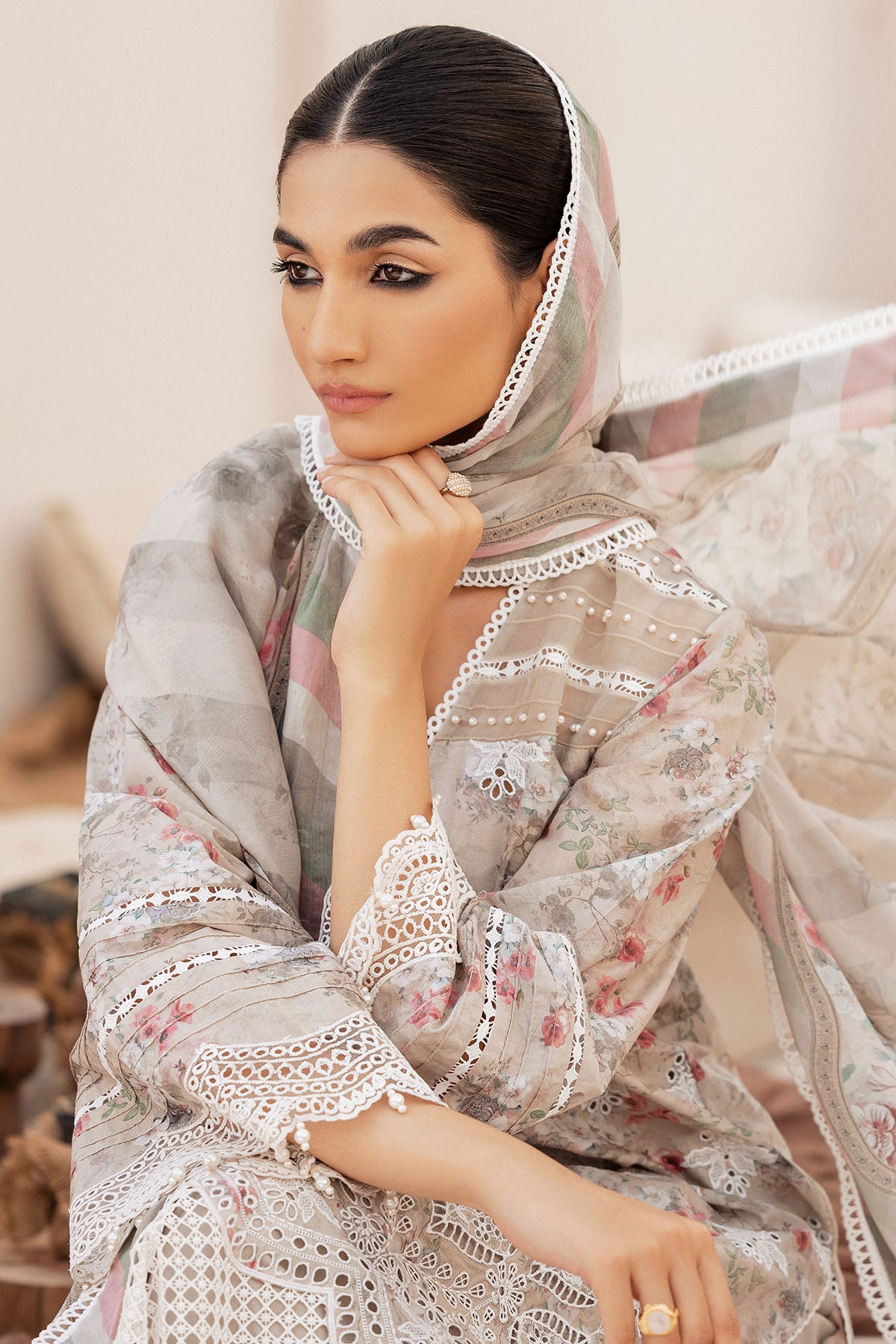 Pakistani Beige Schiffli Embroidered Lawn 3-Piece Suit - Image 9