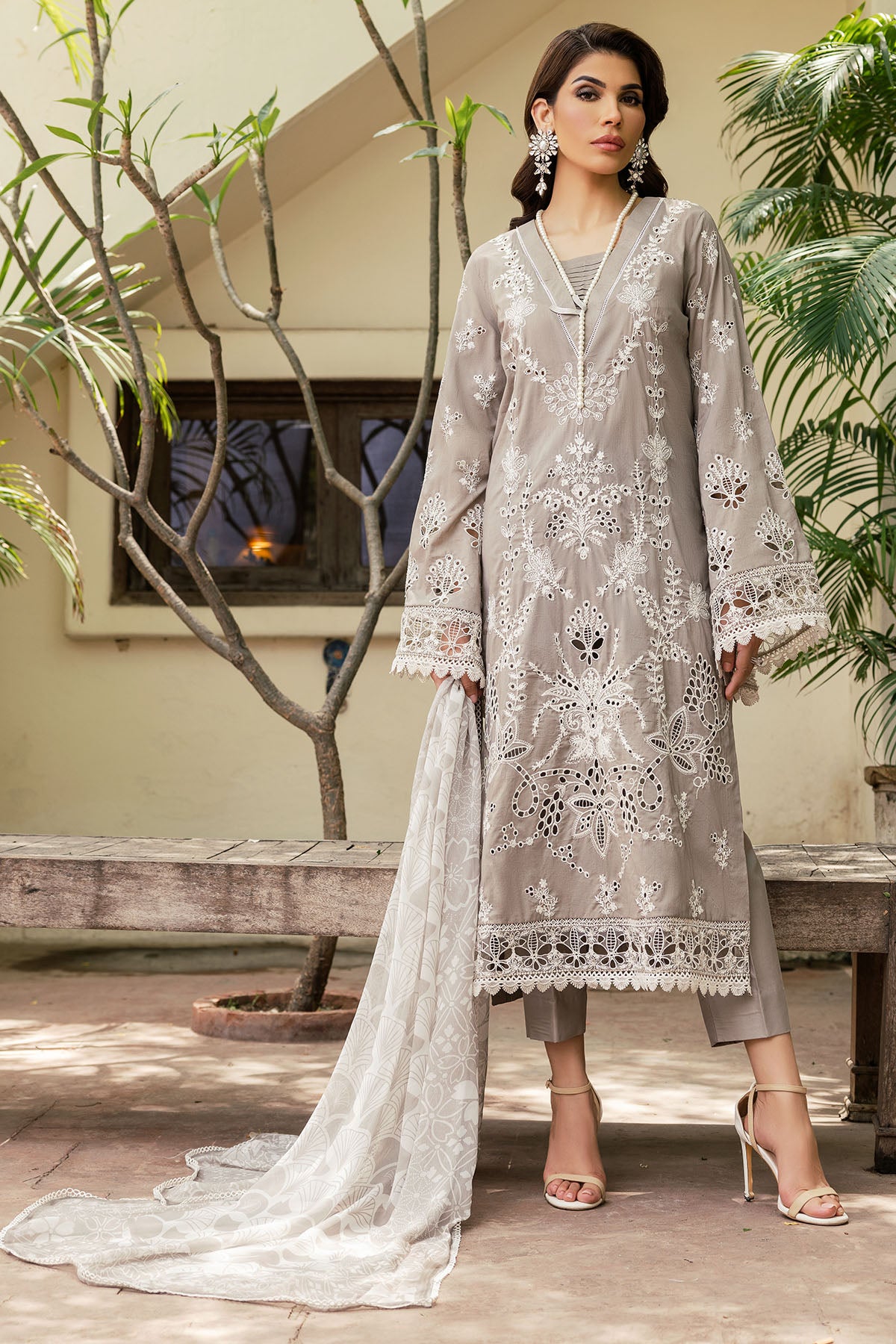 Pakistani Taupe Schiffli Embroidered Lawn 3-Piece Suit - Image 1