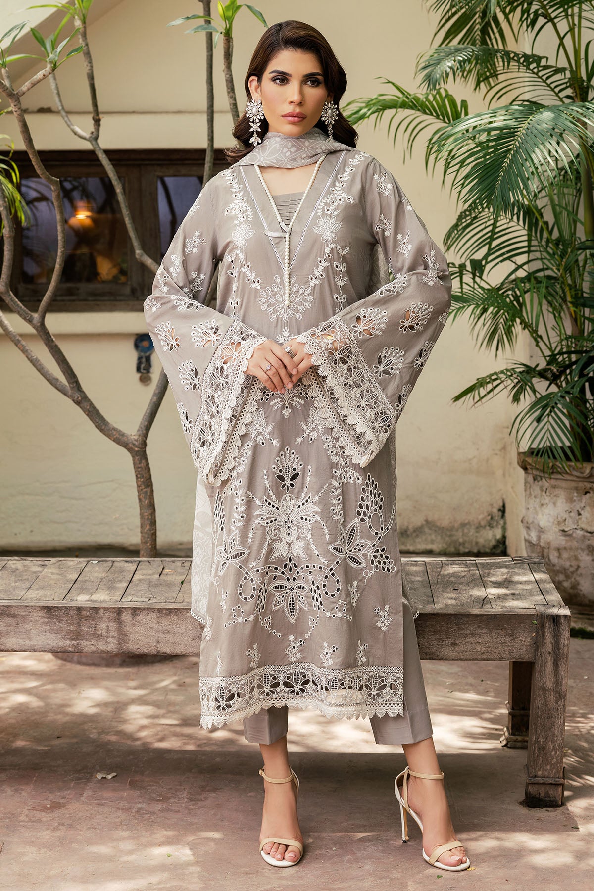 Pakistani Taupe Schiffli Embroidered Lawn 3-Piece Suit - Image 2