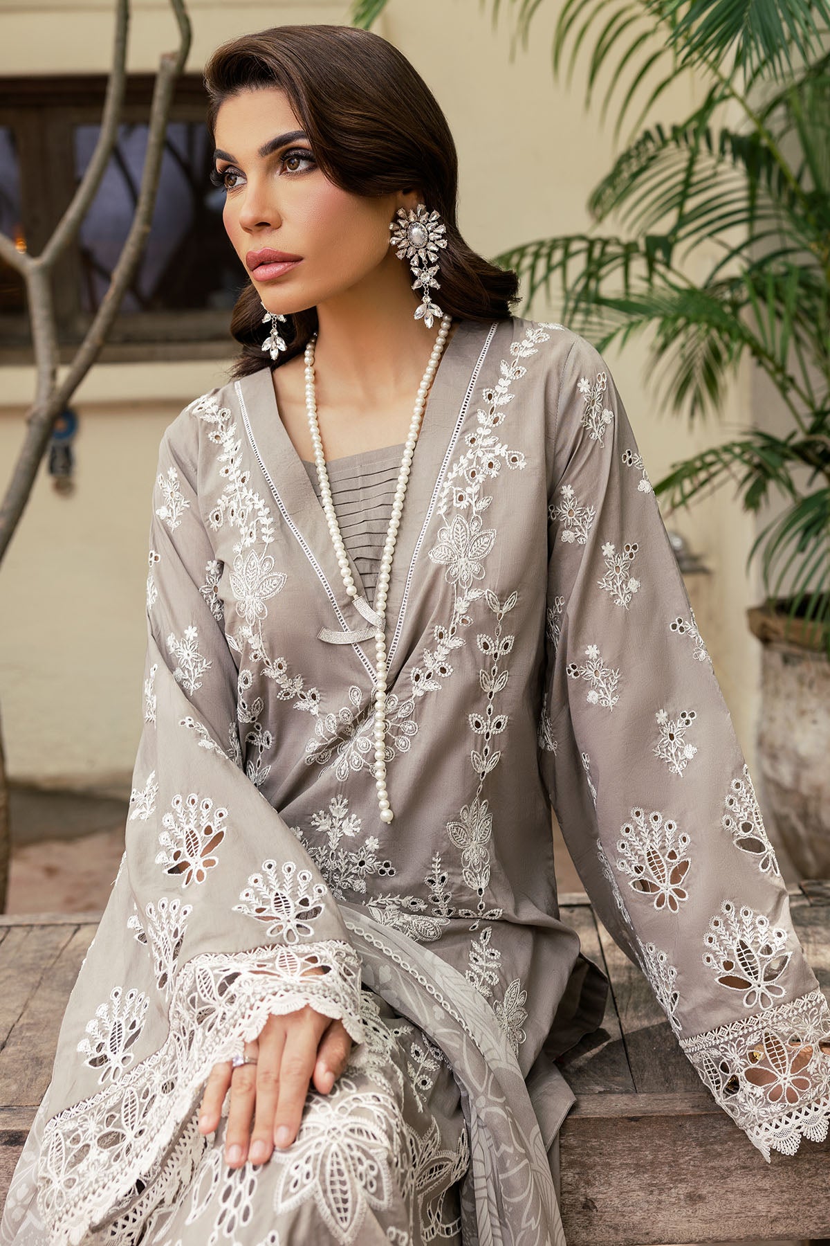 Pakistani Taupe Schiffli Embroidered Lawn 3-Piece Suit - Image 4