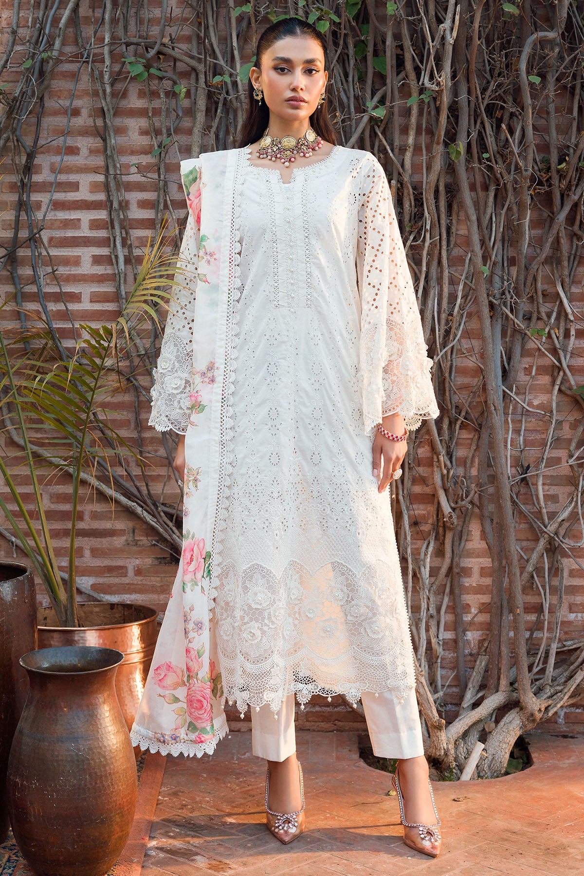 Pakistani Beige Schiffli Embroidered Lawn 3-Piece Suit - Image 1