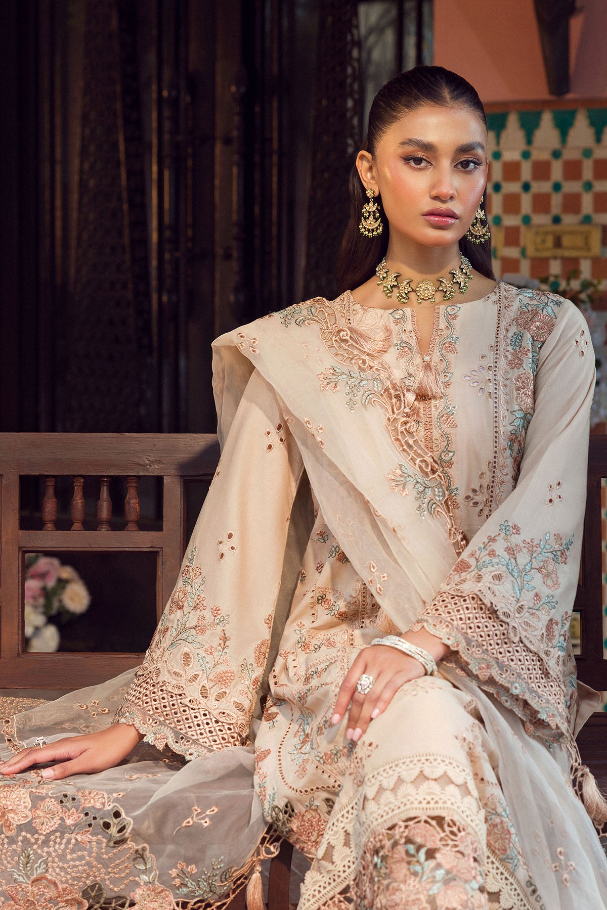 Pakistani Beige Schiffli Embroidered Lawn 3-Piece Suit - Image 3