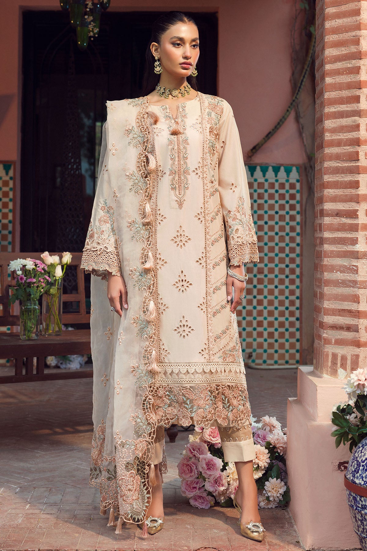 Beige Schiffli Embroidered Lawn 3-Piece Suit - Image 1