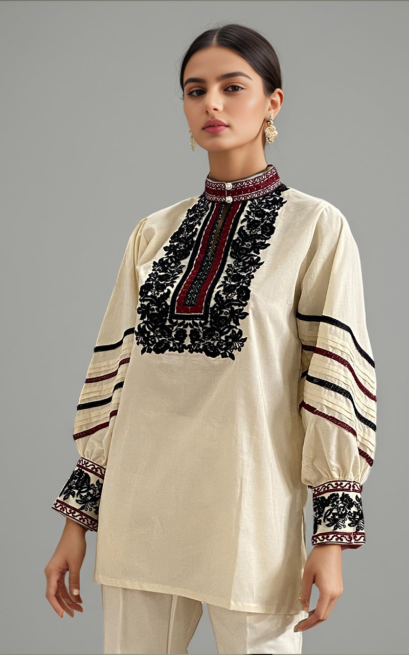 Pakistani Beige Embroidered Lawn Tunic (2-Piece) - Image 1