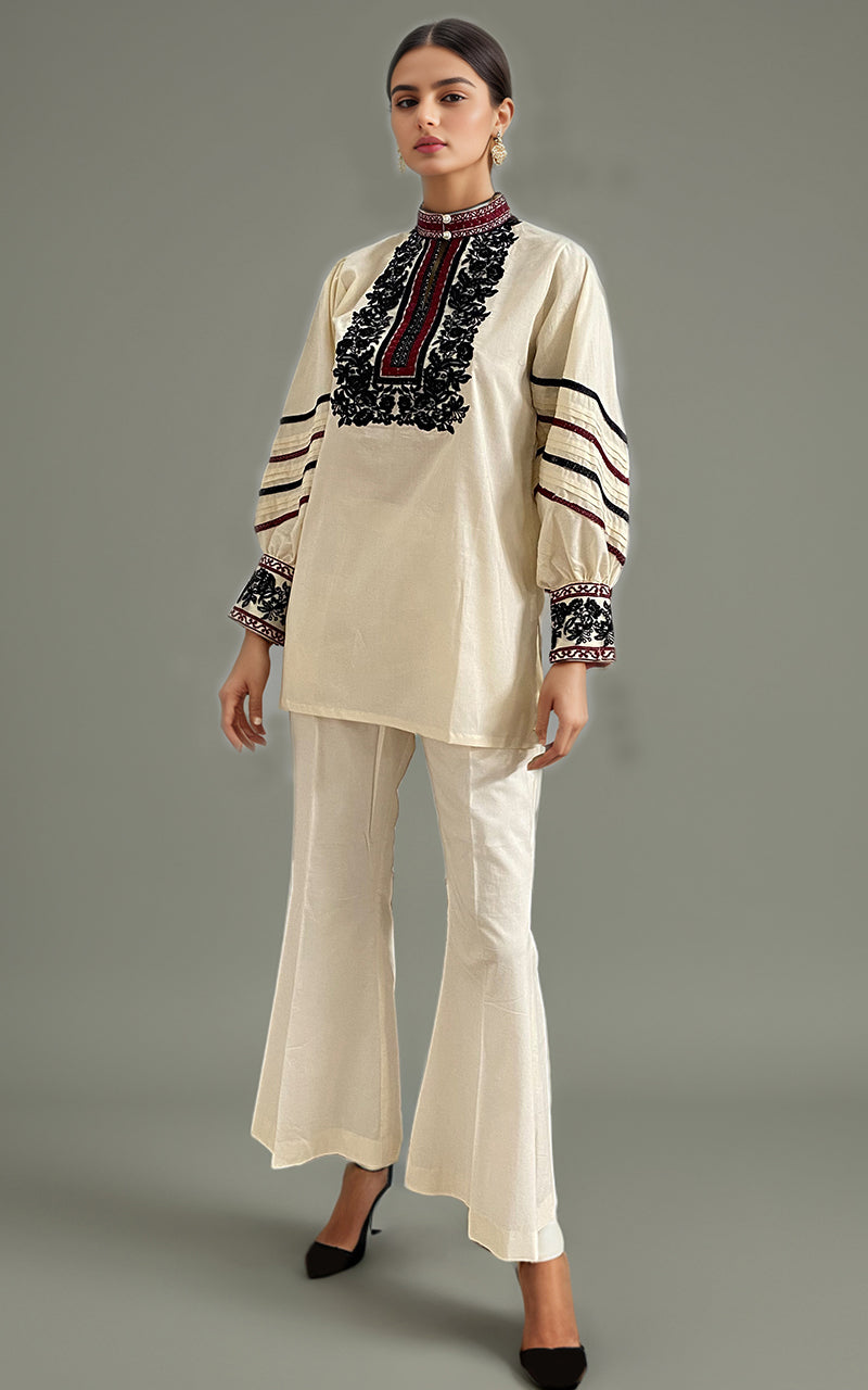 Pakistani Beige Embroidered Lawn Tunic (2-Piece) - Image 2