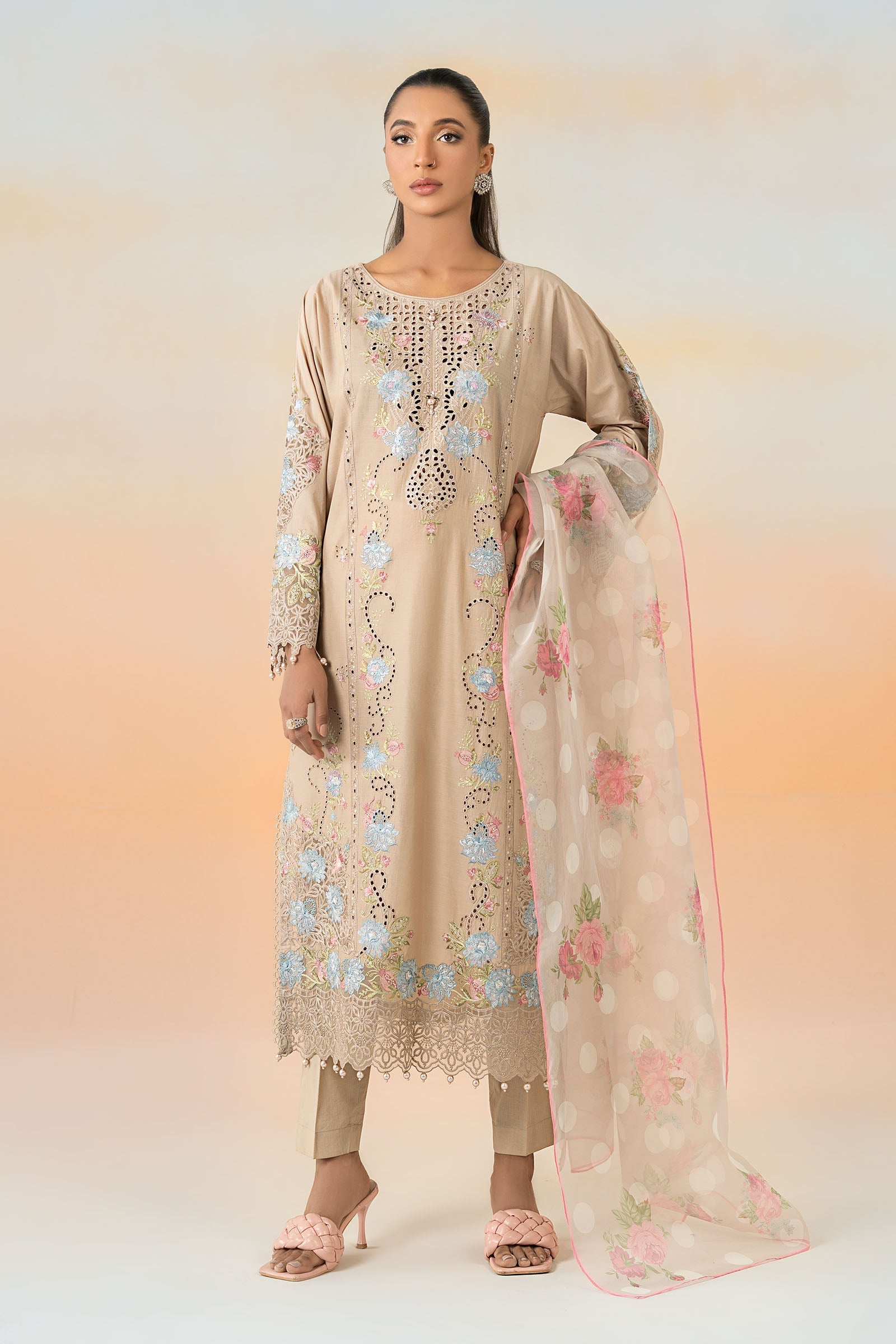 Pakistani Beige Embroidered Lawn Salwar Kameez (3-Piece) - Image 1