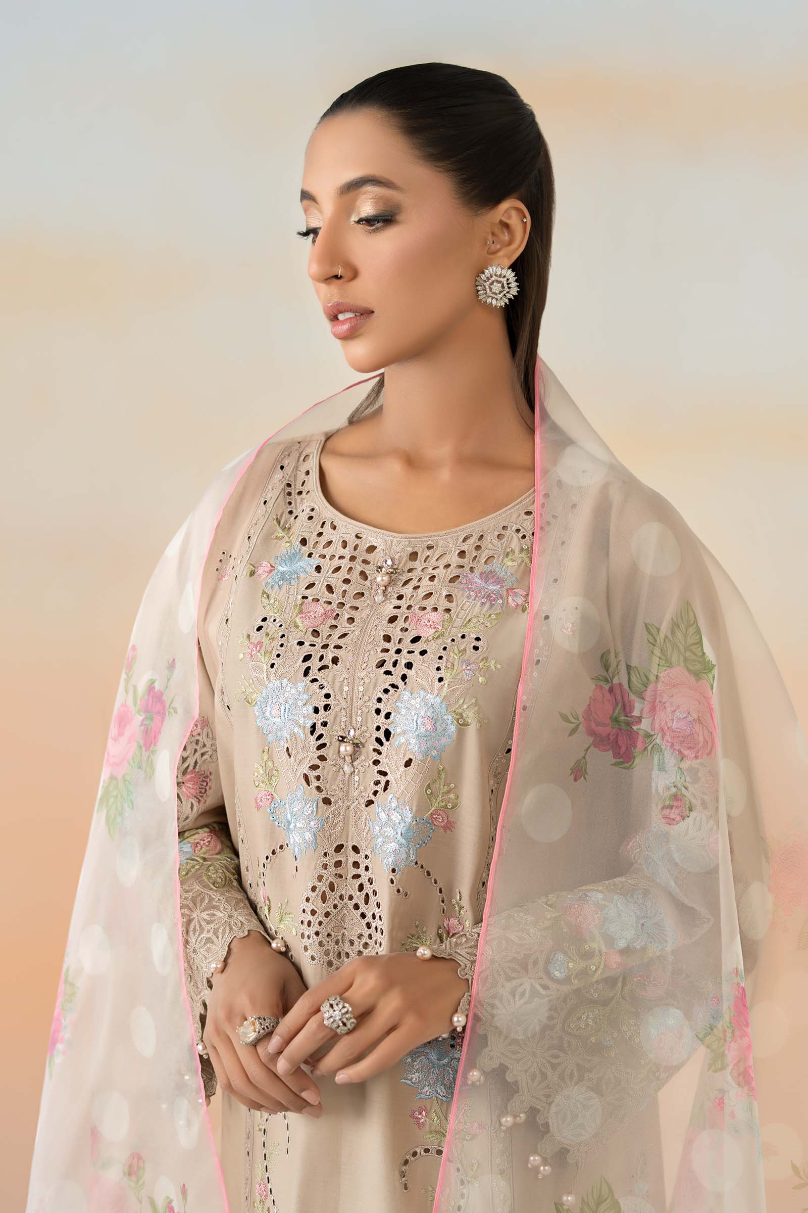 Pakistani Beige Embroidered Lawn Salwar Kameez (3-Piece) - Image 2