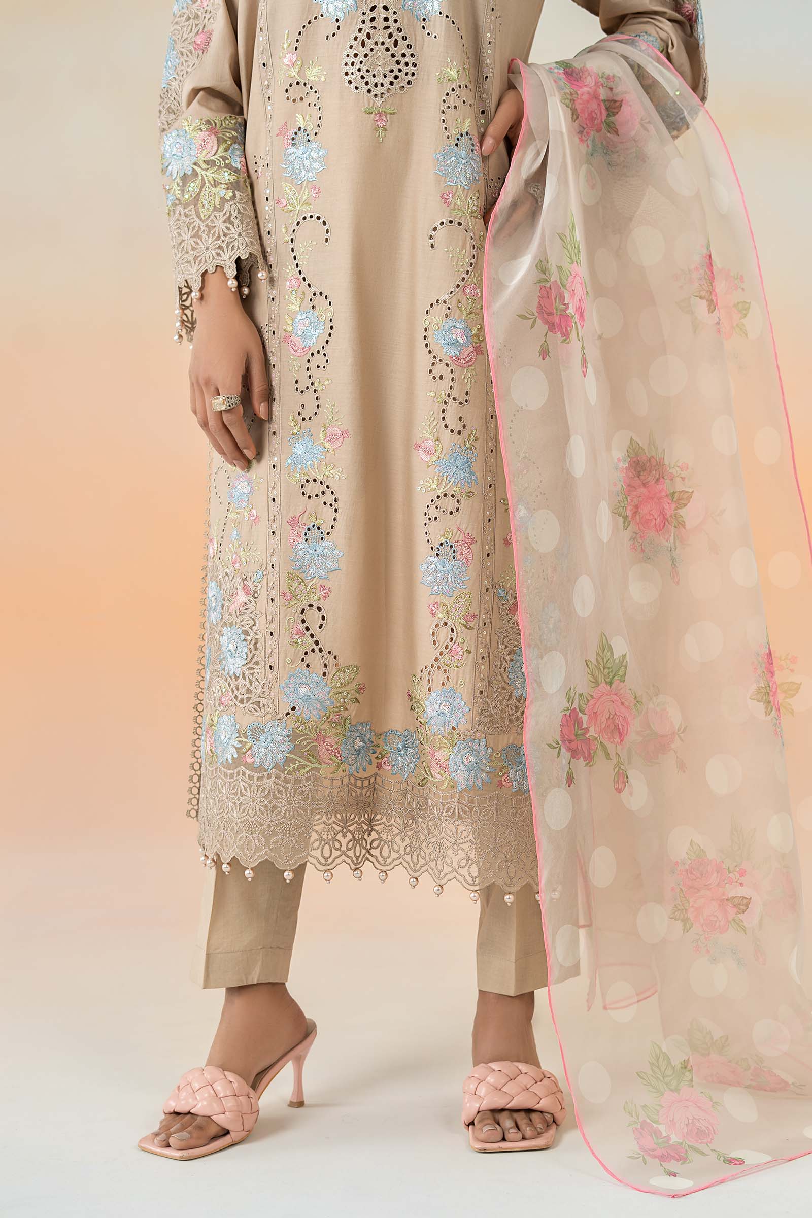 Pakistani Beige Embroidered Lawn Salwar Kameez (3-Piece) - Image 4