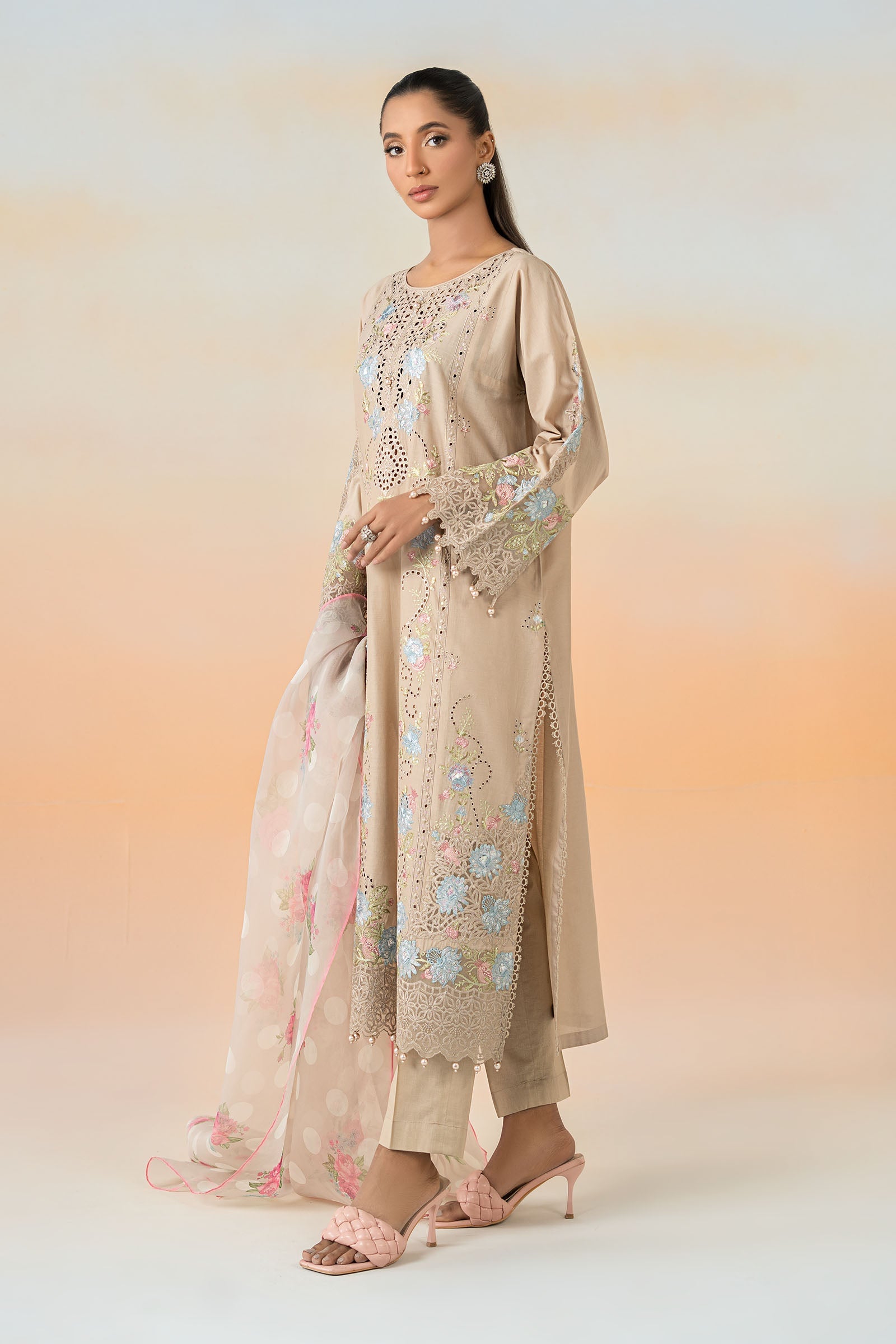 Pakistani Beige Embroidered Lawn Salwar Kameez (3-Piece) - Image 5