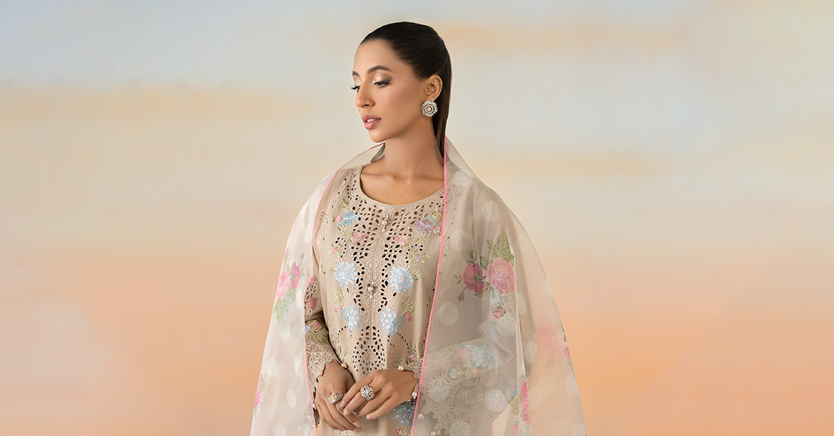 Pakistani Beige Embroidered Lawn Salwar Kameez (3-Piece) - Image 7