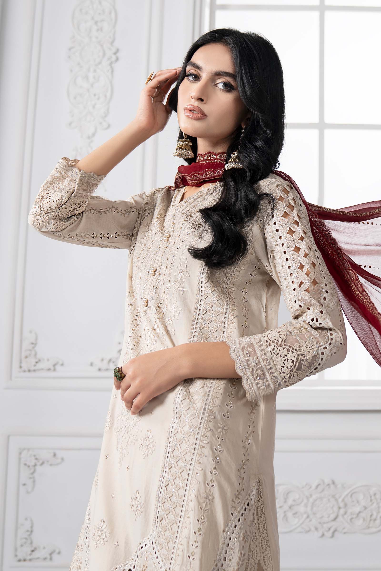 Pakistani Beige Embroidered Lawn Salwar Kameez (3-Piece) - Image 3