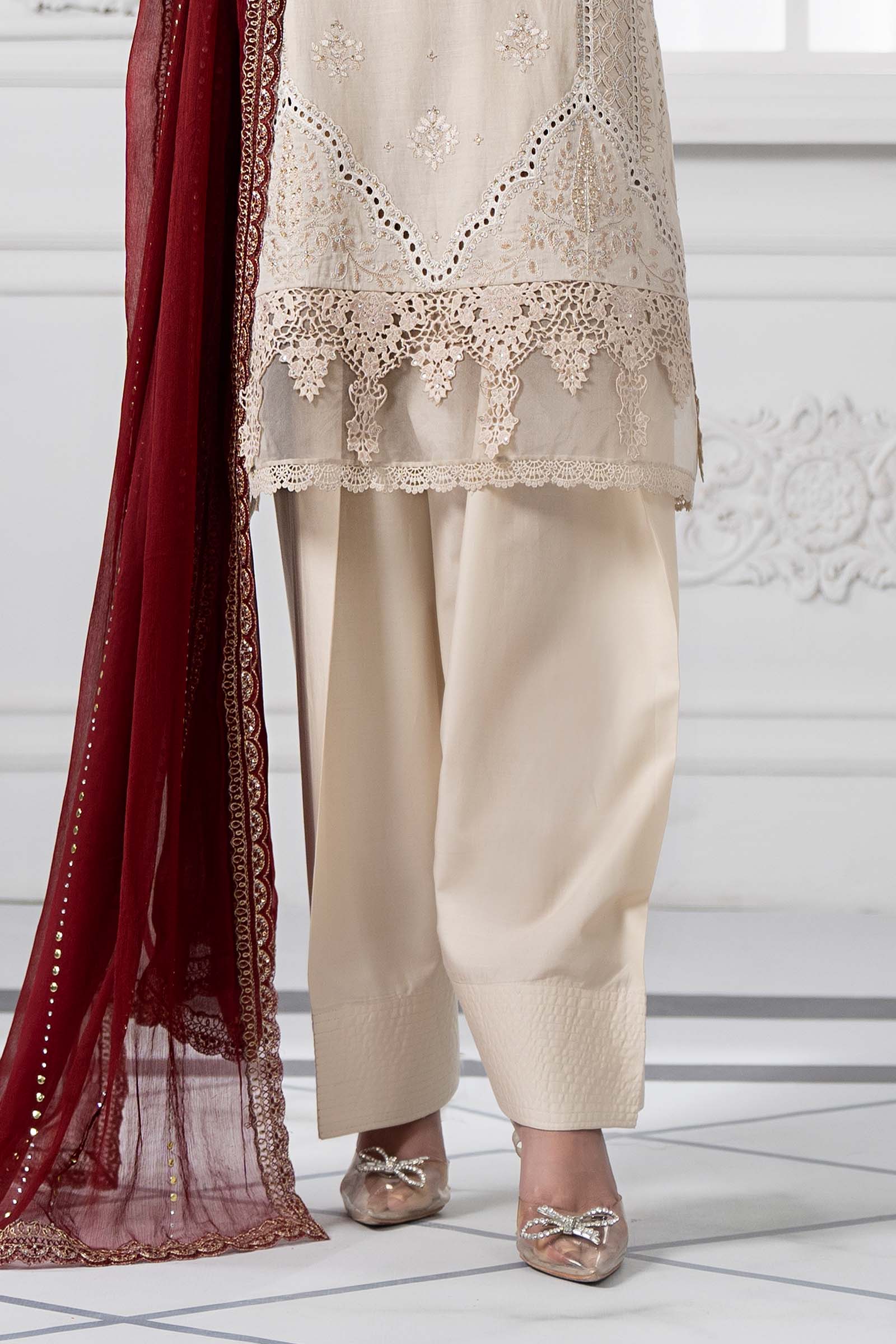 Pakistani Beige Embroidered Lawn Salwar Kameez (3-Piece) - Image 5