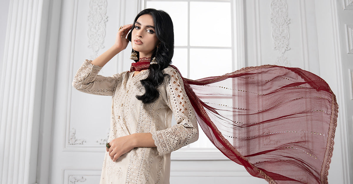 Pakistani Beige Embroidered Lawn Salwar Kameez (3-Piece) - Image 8