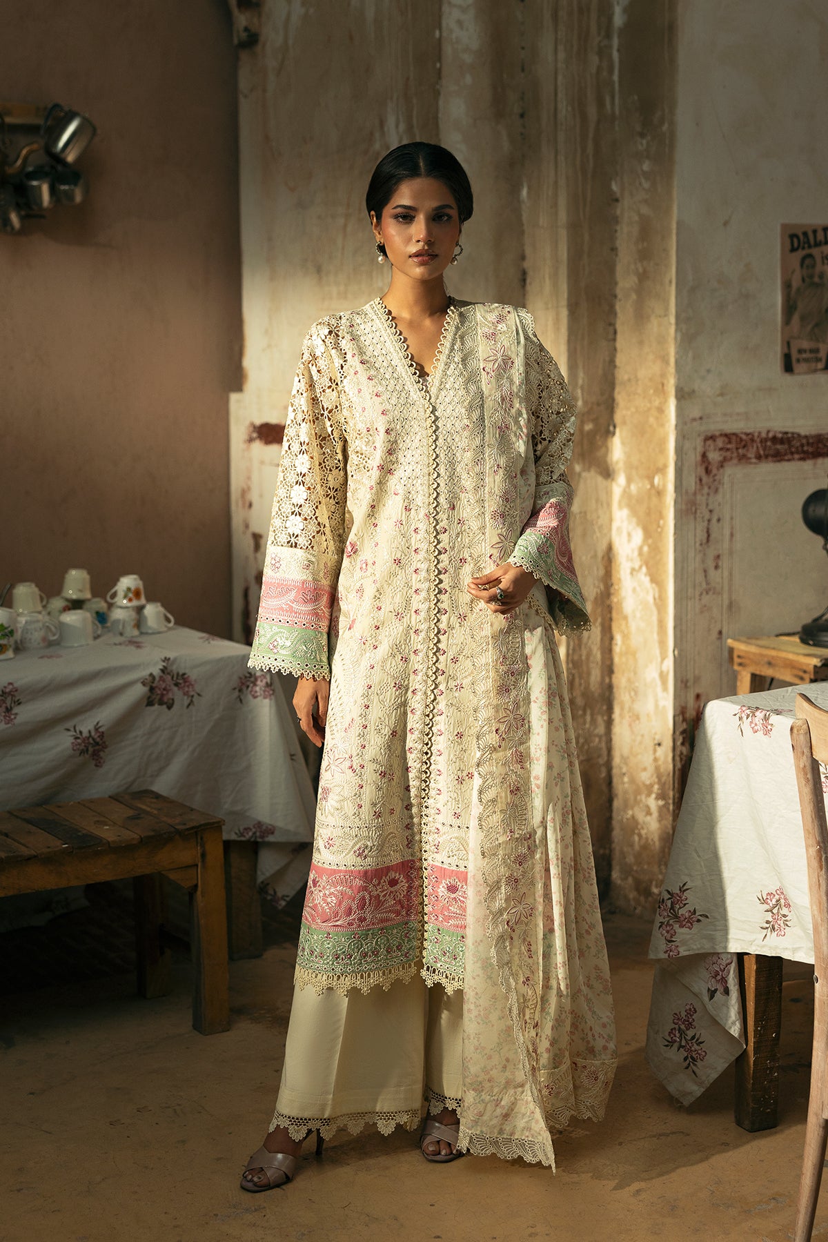 Beige Embroidered Lawn 3-Piece Suit with Silk Dupatta - Image 1