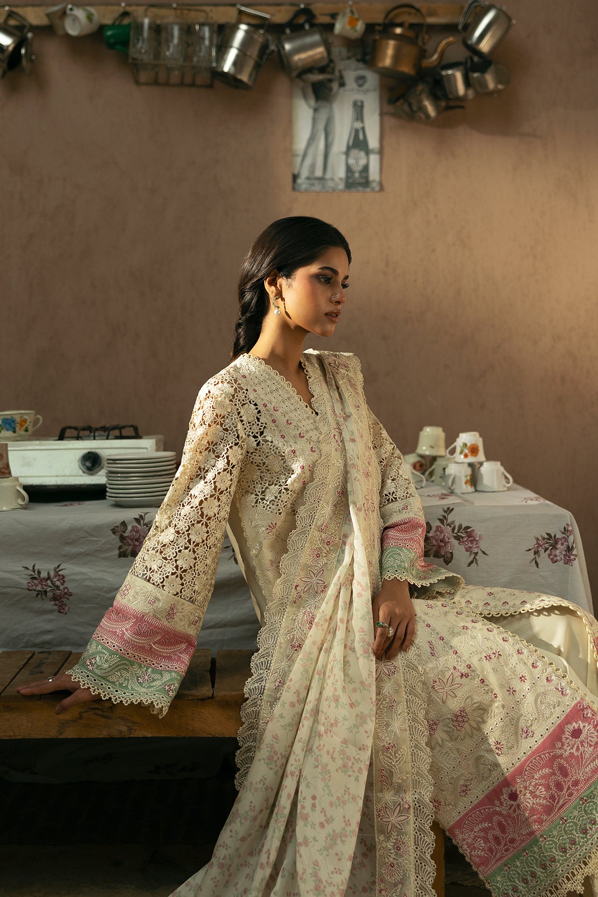 Beige Embroidered Lawn 3-Piece Suit with Silk Dupatta - Image 2