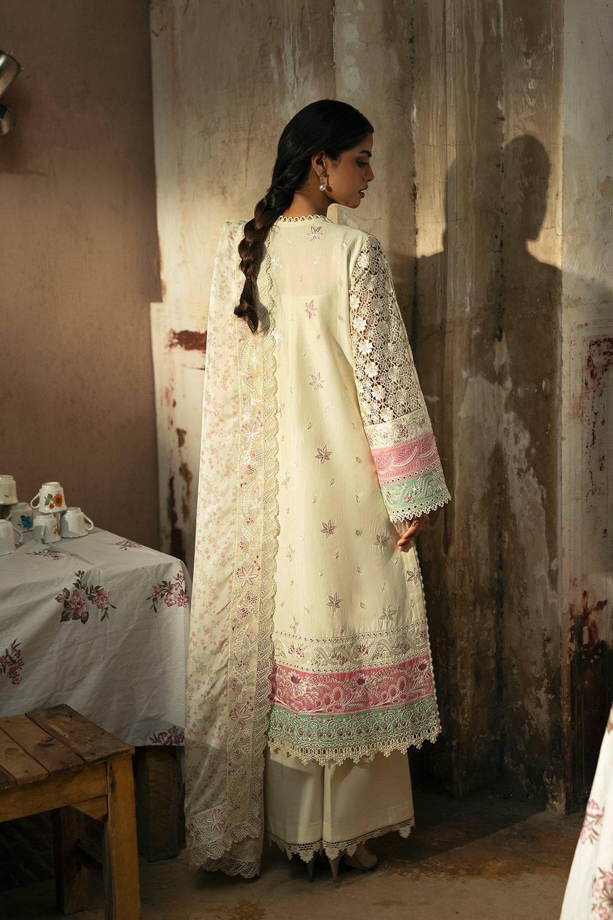 Beige Embroidered Lawn 3-Piece Suit with Silk Dupatta - Image 3