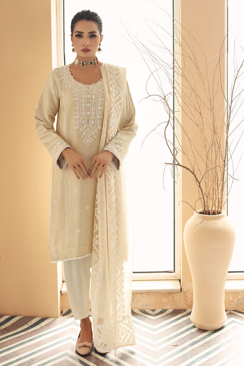 Pakistani Beige Hand-Embroidered Salwar Kameez (3-Piece) - Image 1