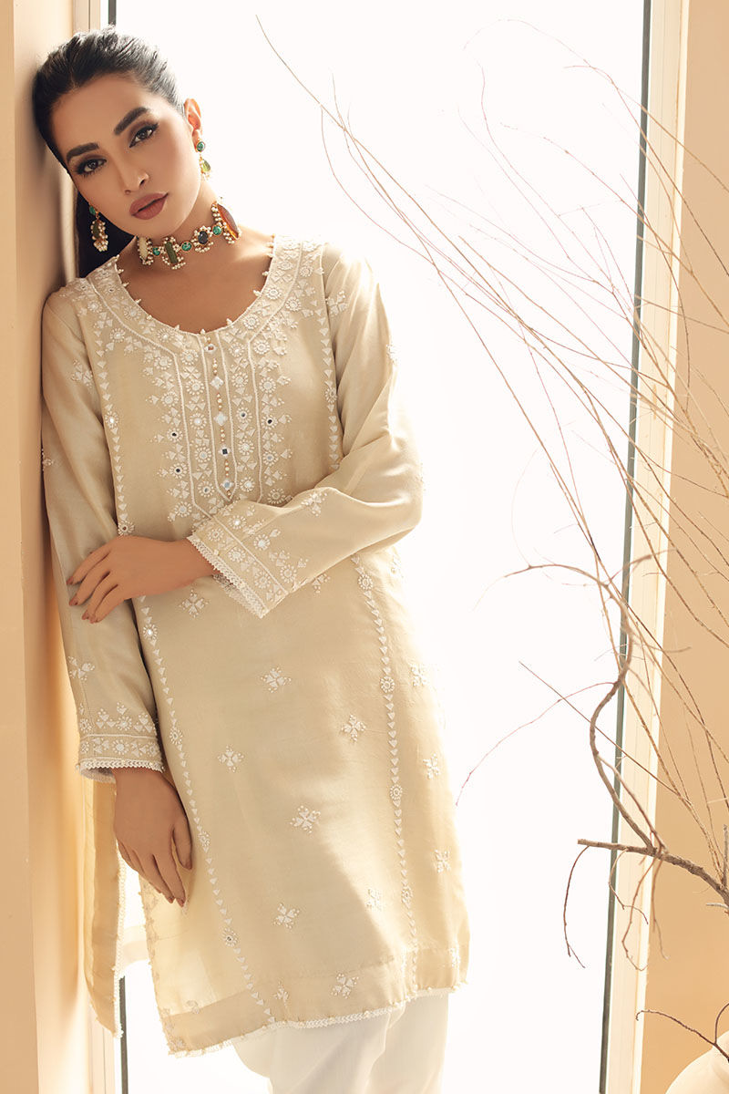 Pakistani Beige Hand-Embroidered Salwar Kameez (3-Piece) - Image 2