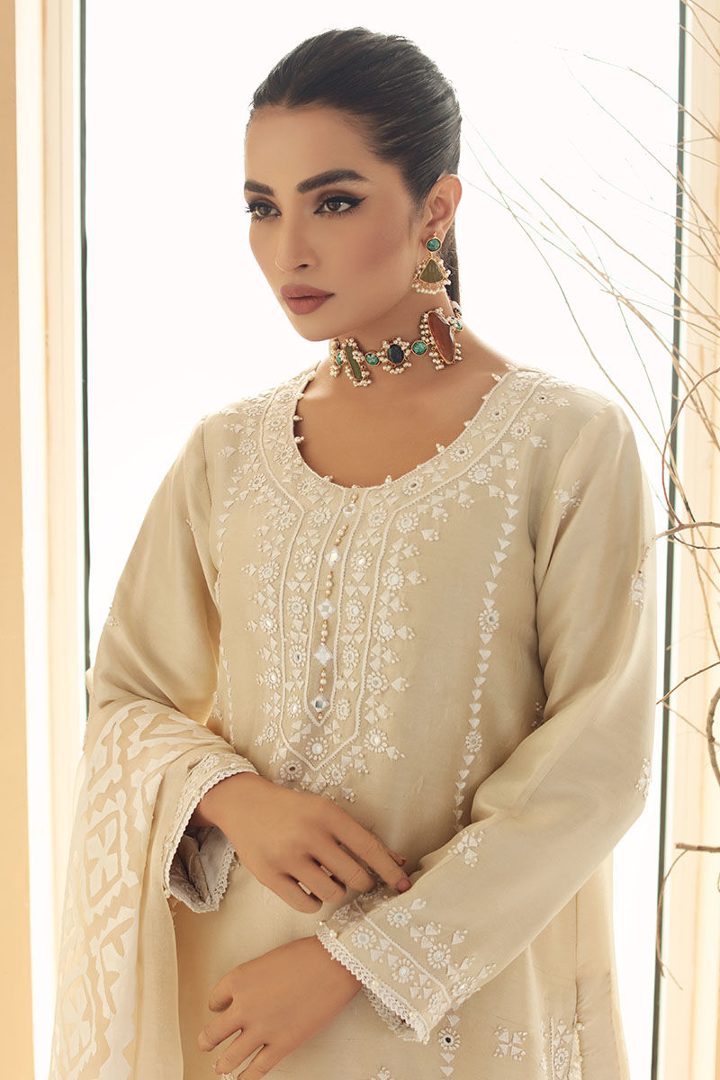 Pakistani Beige Hand-Embroidered Salwar Kameez (3-Piece) - Image 6