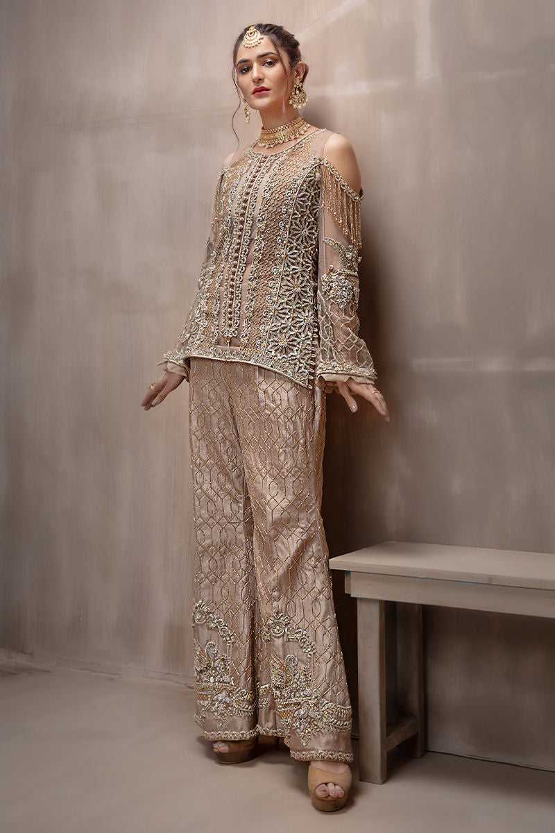 Deep Beige Embroidered Net Silk-Blend Salwar Kameez (2-Piece) - Image 1