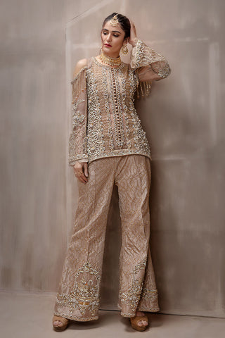 Deep Beige Embroidered Net Silk-Blend Salwar Kameez (2-Piece) - Image 4