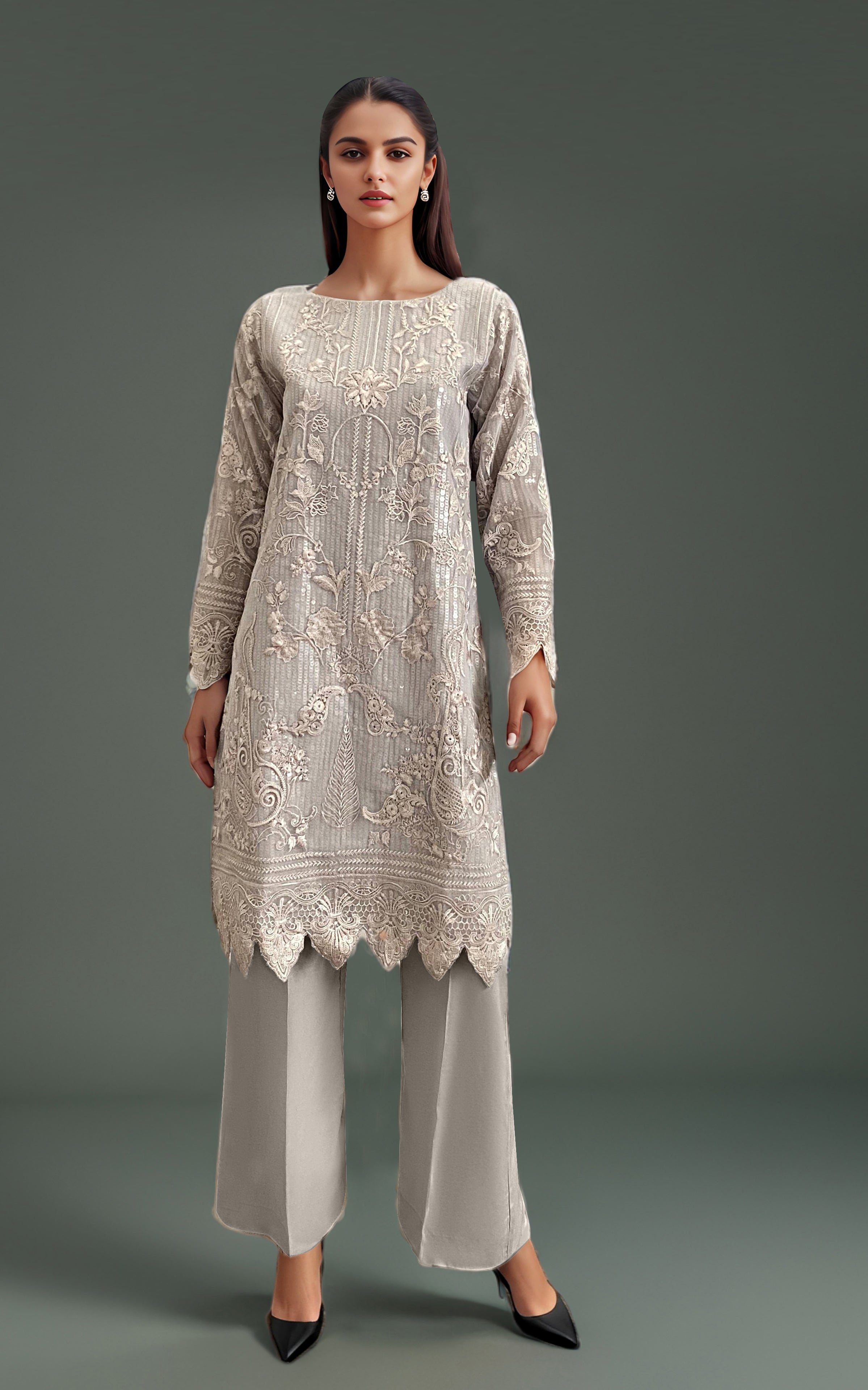 Pakistani Taupe Embroidered Net Long Shirt (2-Piece) - Image 1